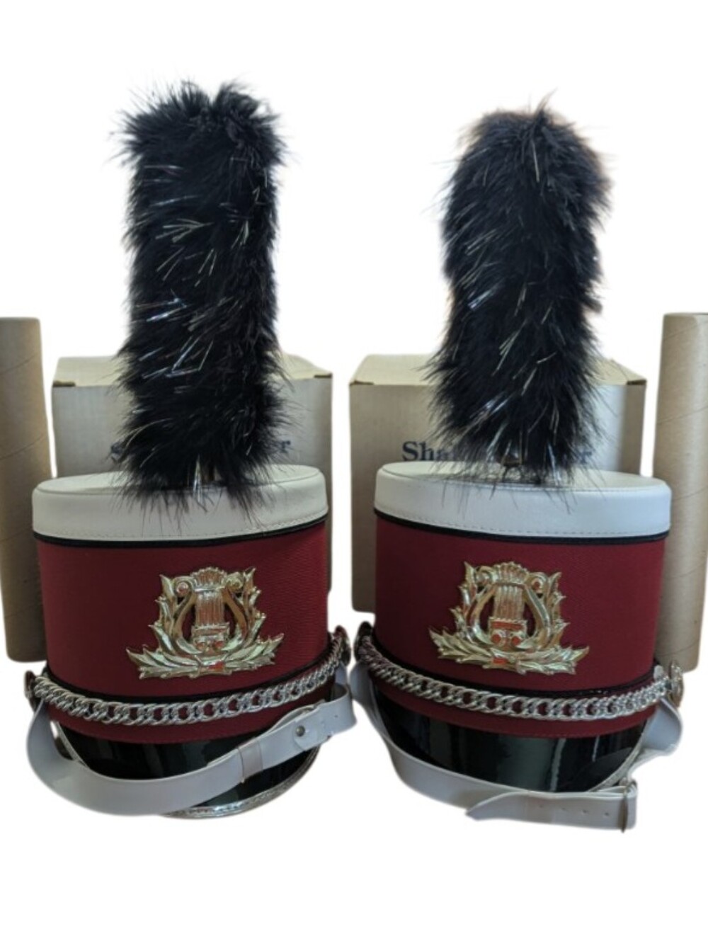 Set Of 2 Shako Marching Band Hats, Red & White With Plumes & Original Box